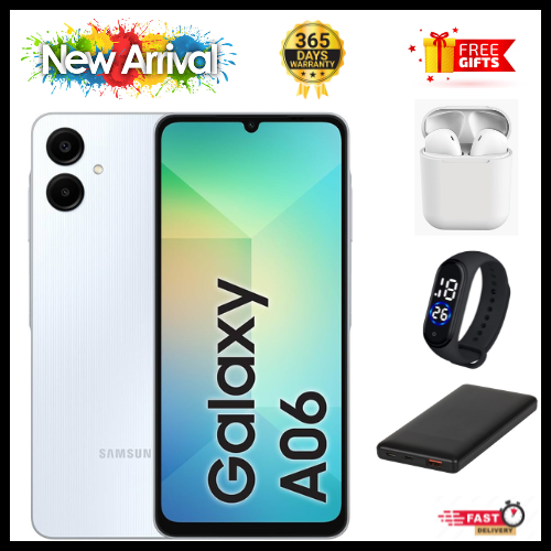 MEGA DEALS🔥🔥🔥  BRAND NEW  SAMSUNG A06 6.7 DISPLAY 4GB RAM + 64GB/128GB ROM 5000MAH SMARTPHONE DUAL SIM COMES WITH FREE GIFTS ( AIRPODS + SMART WATCH+ POWER BANK)
