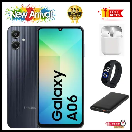 MEGA DEALS🔥🔥🔥  BRAND NEW  SAMSUNG A06 6.7 DISPLAY 4GB RAM + 64GB/128GB ROM 5000MAH SMARTPHONE DUAL SIM COMES WITH FREE GIFTS ( AIRPODS + SMART WATCH+ POWER BANK)