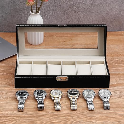 Watch Box Organizer Watch Display Case 6 Slot Watches Display Storage Box Case Holder Organizer with Transparent Window (6 Slot Design)