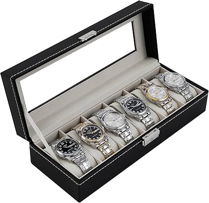 Watch Box Organizer Watch Display Case 6 Slot Watches Display Storage Box Case Holder Organizer with Transparent Window (6 Slot Design)