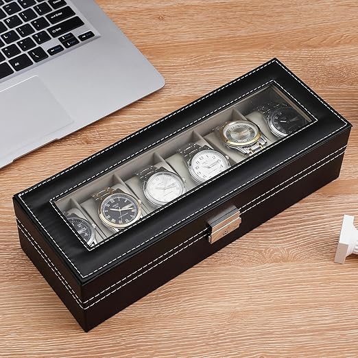 Watch Box Organizer Watch Display Case 6 Slot Watches Display Storage Box Case Holder Organizer with Transparent Window (6 Slot Design)