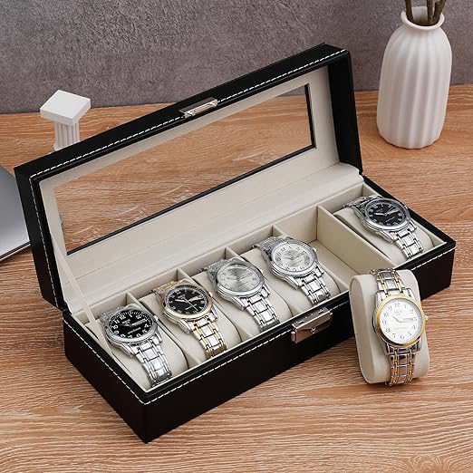 Watch Box Organizer Watch Display Case 6 Slot Watches Display Storage Box Case Holder Organizer with Transparent Window (6 Slot Design)