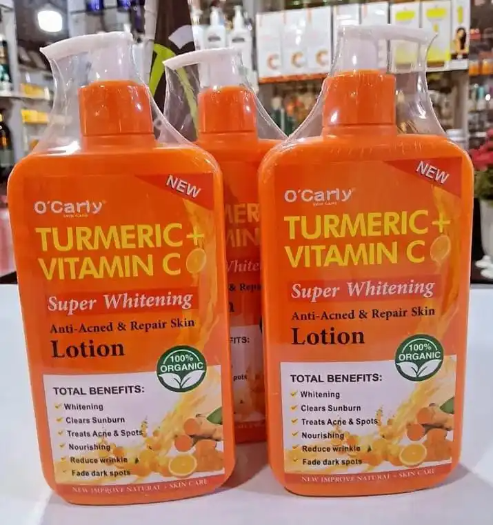 Ocarly Turmeric + Vitamin C Super Whitening Lotion Brightens skin, evens tone, hydrates, reduces dark spots, soothes inflammation, protects against damage, and improves texture