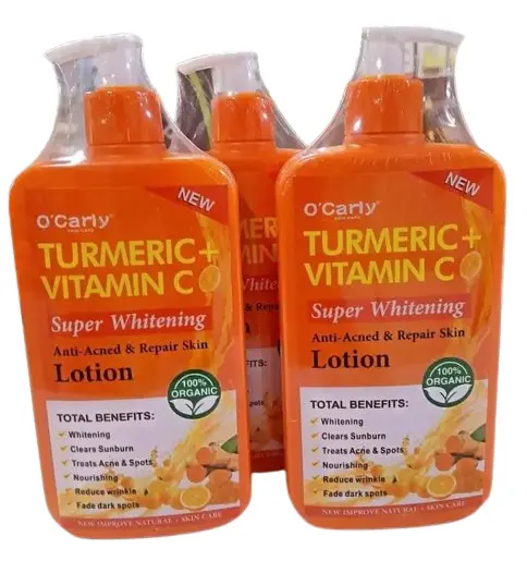 Ocarly Turmeric + Vitamin C Super Whitening Lotion Brightens skin, evens tone, hydrates, reduces dark spots, soothes inflammation, protects against damage, and improves texture