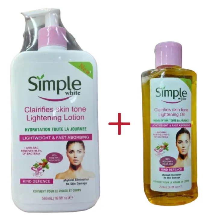 Simple White Clarifies Skin Tone Lightening Lotion plus Oil Brightens Skin, Reduces Dark Spots, Hydrates, Evens Tone, Anti-Aging, Soothes, For Face and Body