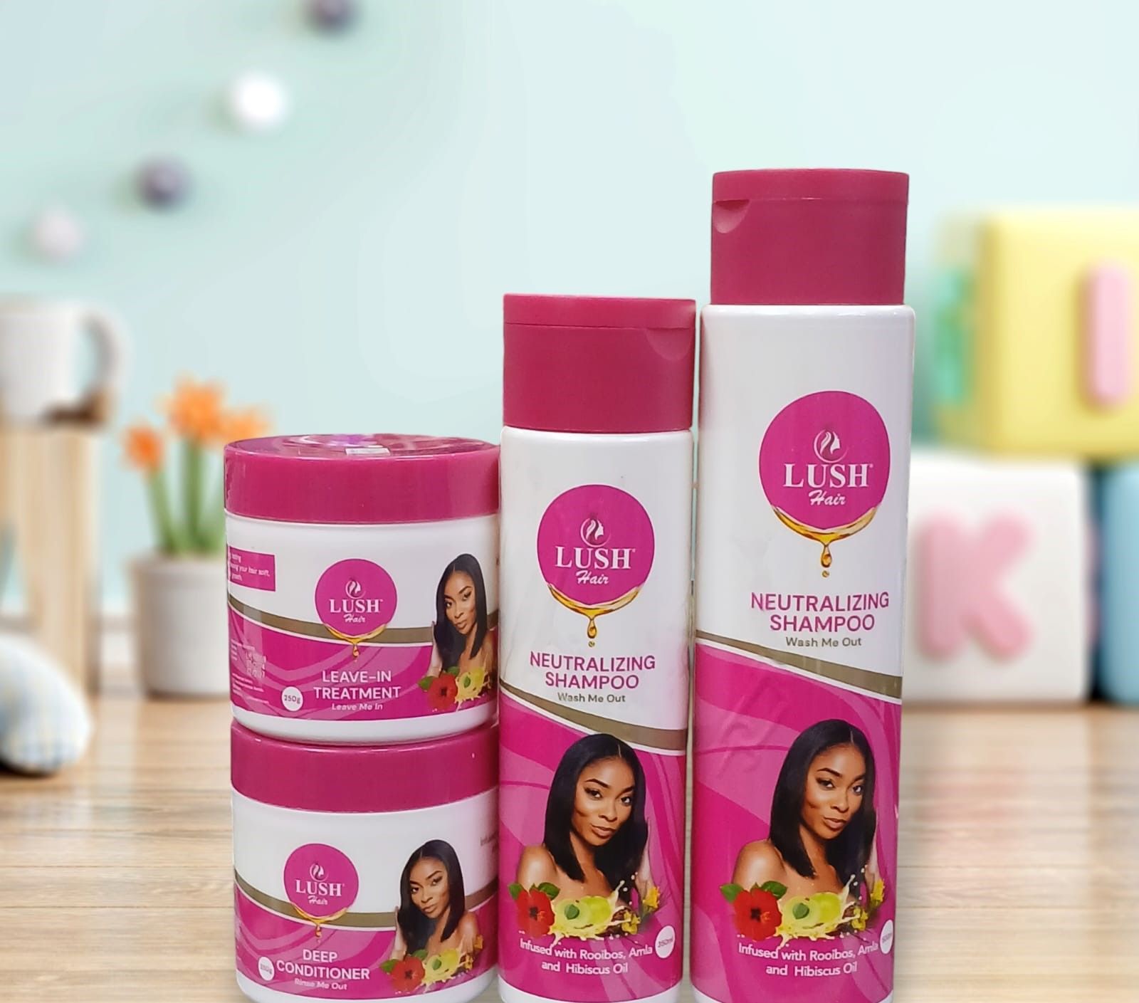Lush Hair care products 4 in 1Set: Leave-in 250g, Deep Conditioner, Neutralizing Shampoo500ml &  One extra FREE Shampoo 300ml