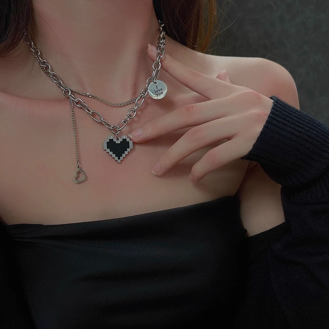 Women's Necklaces Mosaic Heart Necklace Double layer necklace Sweater chain Clavicle Chain