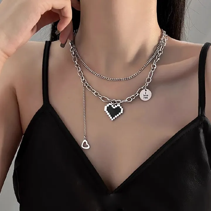 Women's Necklaces Mosaic Heart Necklace Double layer necklace Sweater chain Clavicle Chain
