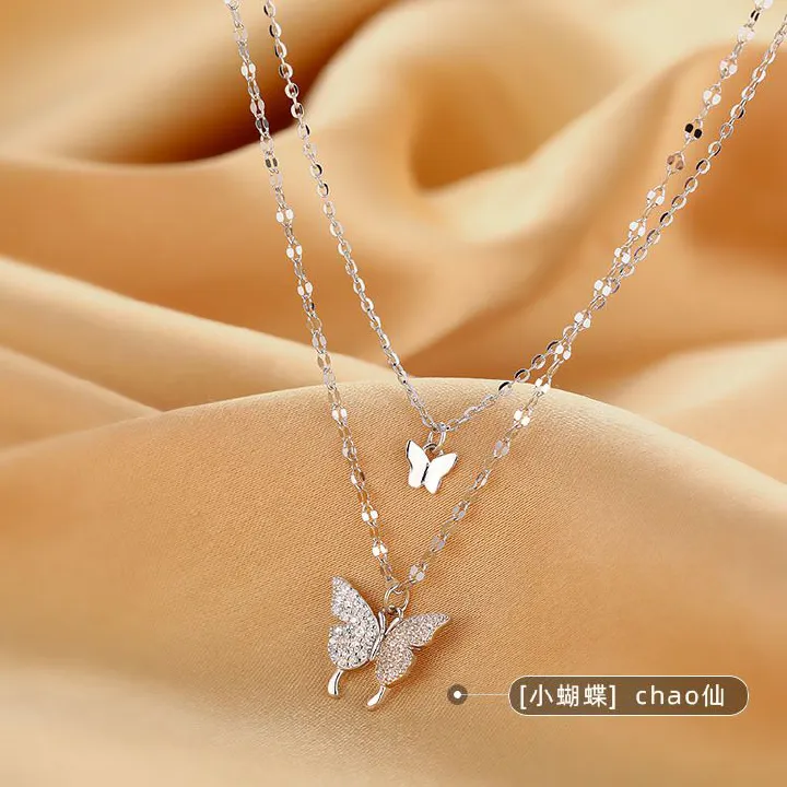 Women's necklace 2025 new double layer butterfly necklace for women Clavicle Chain Sweater chain