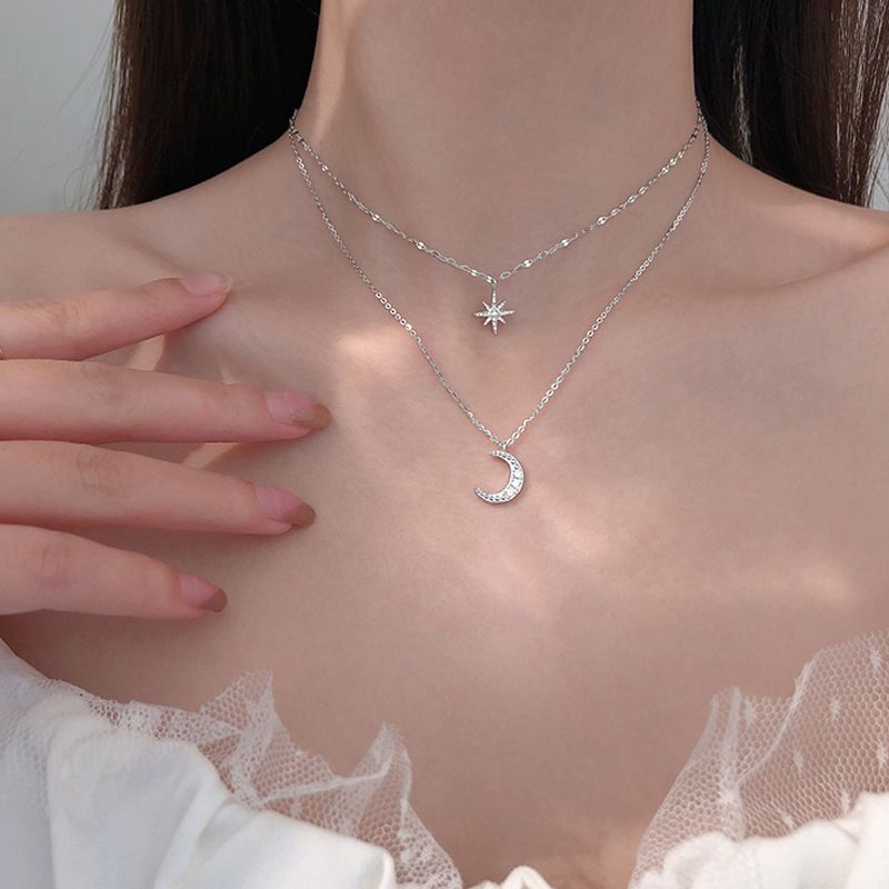 Women's Jewelry Women's Necklaces Silver Diamond Star Moon Double Layer Necklace Clavicle Chain Sweater Chain