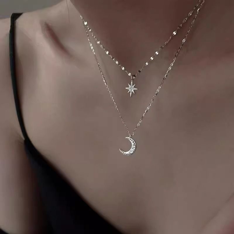 Women's Jewelry Women's Necklaces Silver Diamond Star Moon Double Layer Necklace Clavicle Chain Sweater Chain