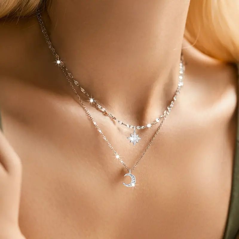 Women's Jewelry Women's Necklaces Silver Diamond Star Moon Double Layer Necklace Clavicle Chain Sweater Chain