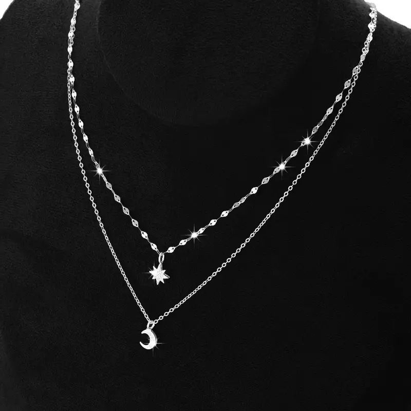 Women's Jewelry Women's Necklaces Silver Diamond Star Moon Double Layer Necklace Clavicle Chain Sweater Chain