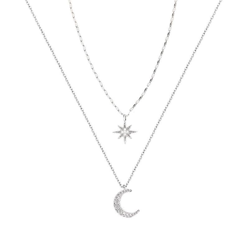 Women's Jewelry Women's Necklaces Silver Diamond Star Moon Double Layer Necklace Clavicle Chain Sweater Chain