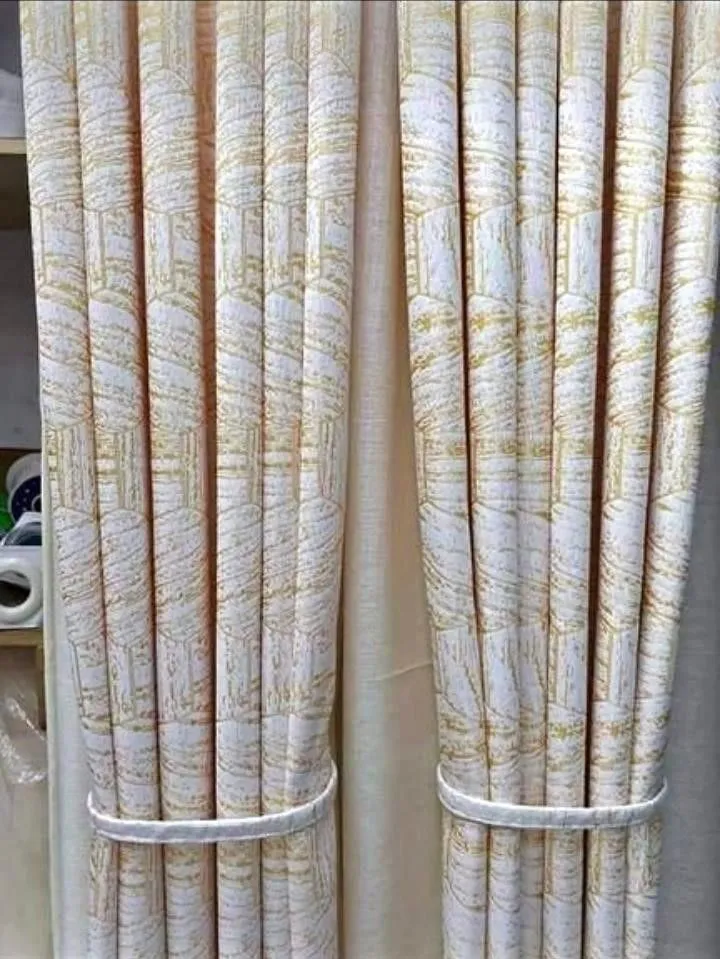 Super Heavy 2pcs curtain (cream with floral patterned design) for window and door with white sheer