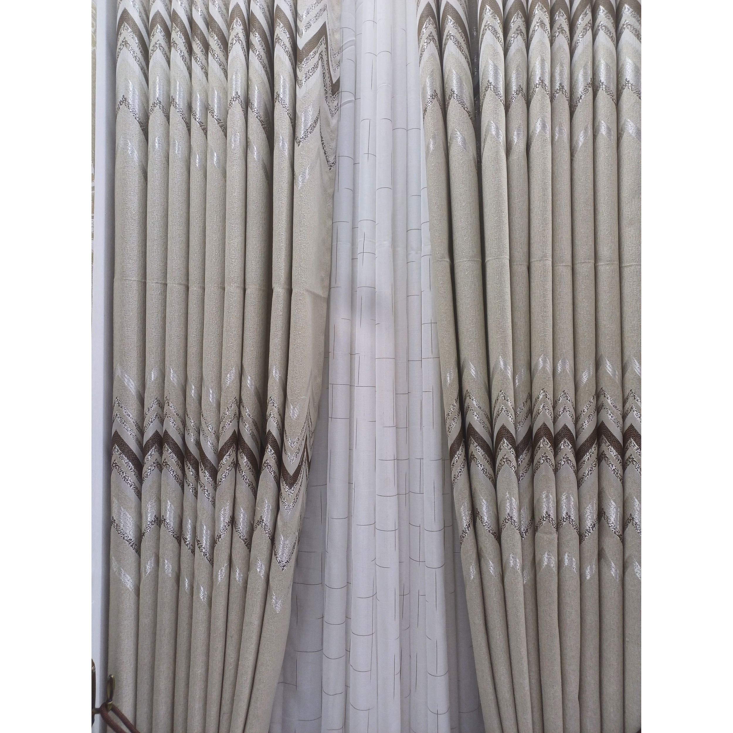 Super Heavy 2pcs curtain: (Light Grey-Brown-Silver-patterned design) for window and door (with white sheer option available)