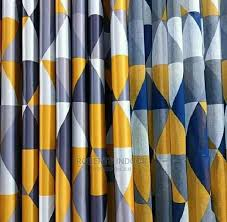 2pcs Heavy Grey Yellow White Patterned curtain [1.5M+1.5M] Plus 1pc White Sheer [2M]. Unique Blackout Design Featuring Eyelet Headers for Curtains and Transparent Sheer Featuring Rod Pocket Design