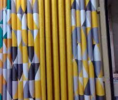 2pcs Heavy Grey Yellow White Patterned curtain [1.5M+1.5M] Plus 1pc White Sheer [2M]. Unique Blackout Design Featuring Eyelet Headers for Curtains and Transparent Sheer Featuring Rod Pocket Design