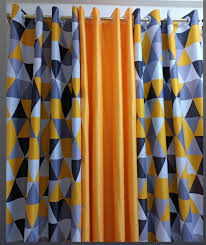 2pcs Heavy Grey Yellow White Patterned curtain [1.5M+1.5M] Plus 1pc White Sheer [2M]. Unique Blackout Design Featuring Eyelet Headers for Curtains and Transparent Sheer Featuring Rod Pocket Design