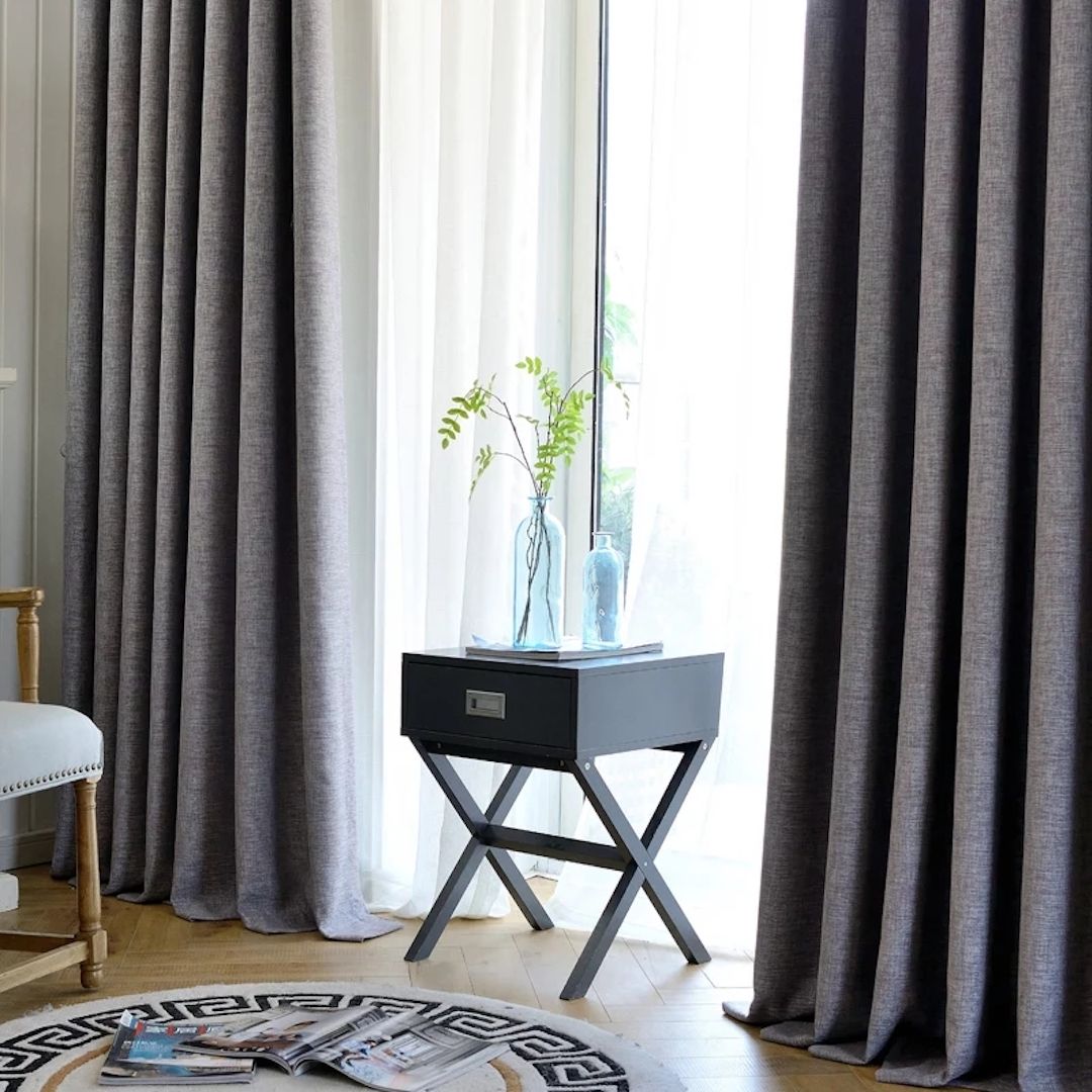 GREY CURTAINS 2Pcs (1.5m Each) With 2M WHITE HEAVY SHEER For Living Room Window And Door