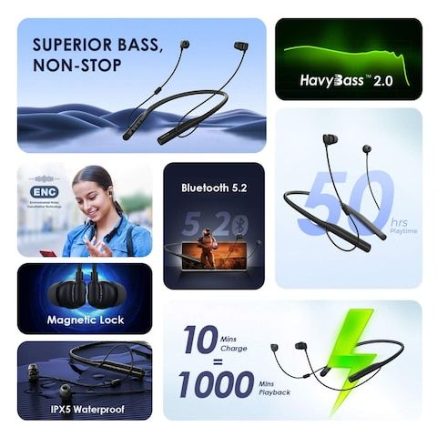 Oraimo Wireless Earphones -Neckband Light Weight  NeckbandEarphones, , Noise Cancellation Technology Active