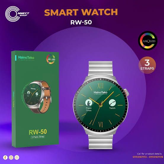 Haino Teko RW50 Smart Watch High Resolution Amolled Screen with 3 straps of leather, silicone and metal