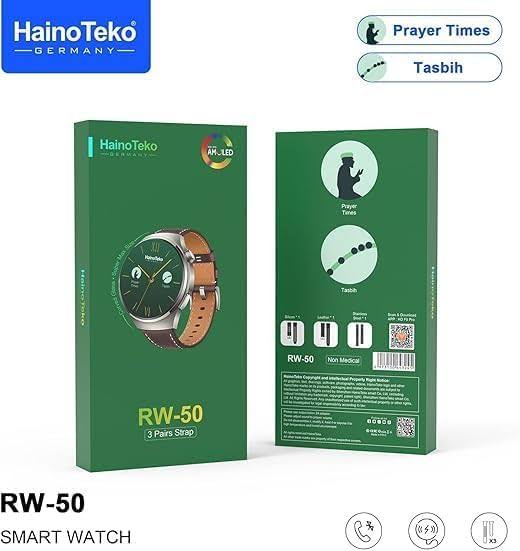 Haino Teko RW50 Smart Watch High Resolution Amolled Screen with 3 straps of leather, silicone and metal