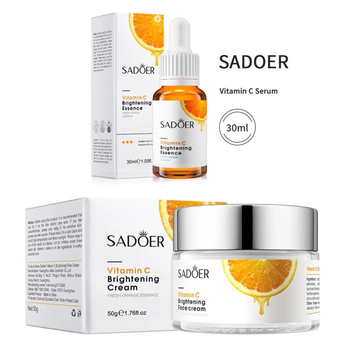 SADOER 5Pcs Vitamin C Whitening Skin Care Set: Face Cream + Serum + 2 Face Masks + Face Cleanser For Skin Glowing, Treating Dark Spots, Anti-wrinkles, Smoothening Face & Improving Skin Texture Set