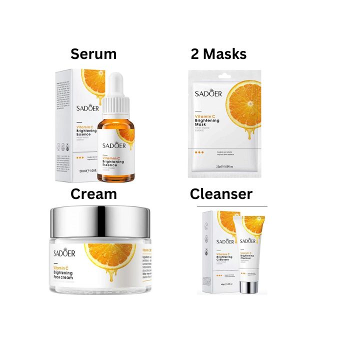 SADOER 5Pcs Vitamin C Whitening Skin Care Set: Face Cream + Serum + 2 Face Masks + Face Cleanser For Skin Glowing, Treating Dark Spots, Anti-wrinkles, Smoothening Face & Improving Skin Texture Set