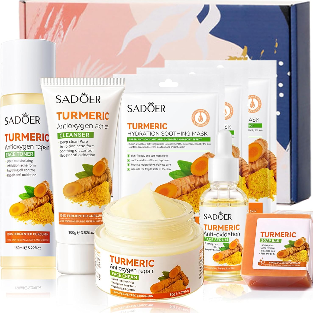 Turmeric Skincare Set For Anti-Aging Glowing Skin,Include Face Cleanser- Turmeric Oil Serum-Toner-Face Cream-Tumeric Soap-3*Sheet Mask For Dark Spot Corrector Remover Anti Aging Firming(Set)