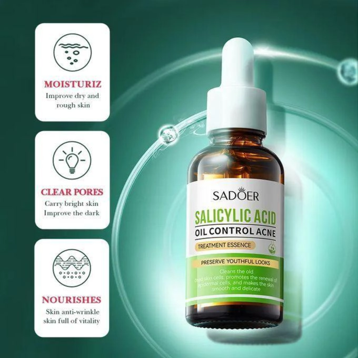 2 Pcs SADOER Salicylic Acid Oil Control Acne Treatment Essence, Anti-Acne Exfoliating Gentle Salicylic Acid Serum, Facial Serum, Promote the Renewal of Epidermal Cells, Delicate Skin