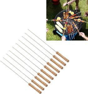 10 pack BBQ Skewers kebab metal stainless steel kabobs wooden handle for Grilling