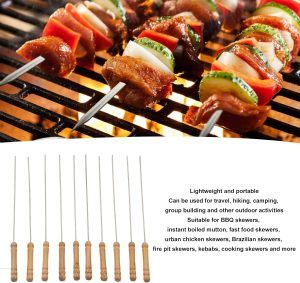 10 pack BBQ Skewers kebab metal stainless steel kabobs wooden handle for Grilling
