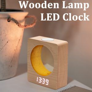 Digital LED Wood Alarm Clock Touch Night Light Table Bedside
