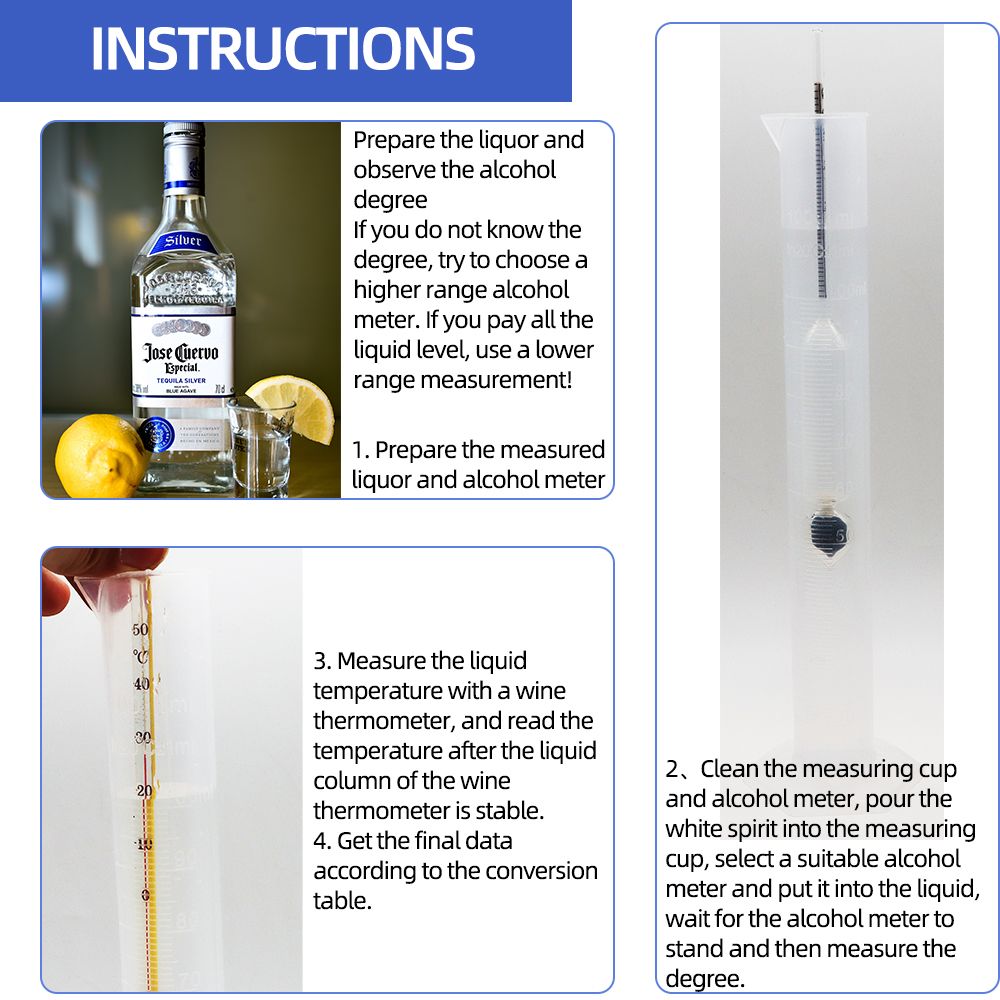 Set of Professional Hydrometer Alcoholmeter – 3pcs Hydrometer Alcoholmeter Set 0 to 100% Alcohol Meter Test + Thermometer for Wine Alcohol Whisky