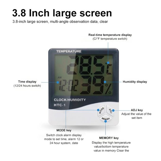3.8 Inch LCD Digital Temperature Humidity Meter With Clock Calendar HTC-2