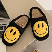 Smile Smiley Face Slippers House Shoe Slip-on Cozy Indoor Anti-Skid - Black White Yellow