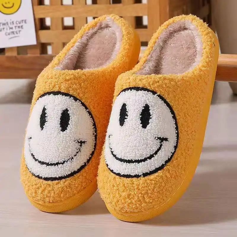 Smile Smiley Face Slippers House Shoe Slip-on Cozy Indoor Anti-Skid - Black White Yellow