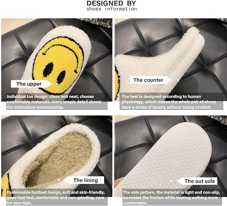 Smile Smiley Face Slippers House Shoe Slip-on Cozy Indoor Anti-Skid - Black White Yellow
