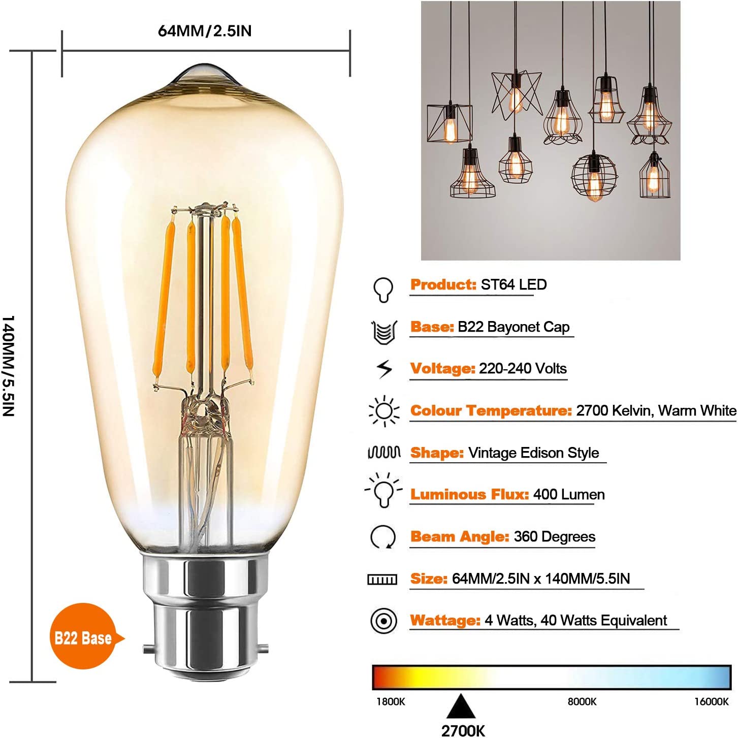 4W LED Filament Edison Amber Warm White Light Bulb B22 PIN Dimmable Tint Lamp E27 Screw