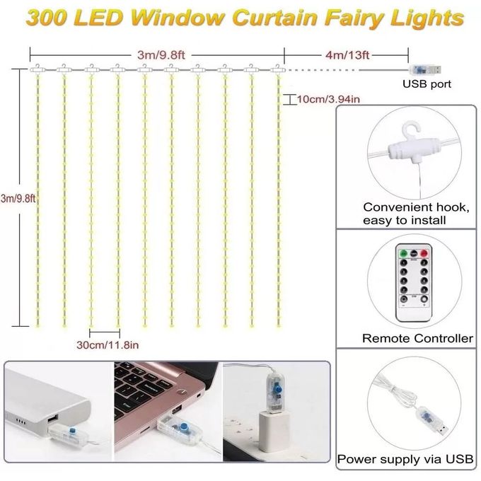 Curtain Lights Christmas Fairy String Curtain Lights Xmas 3m LED Warm White