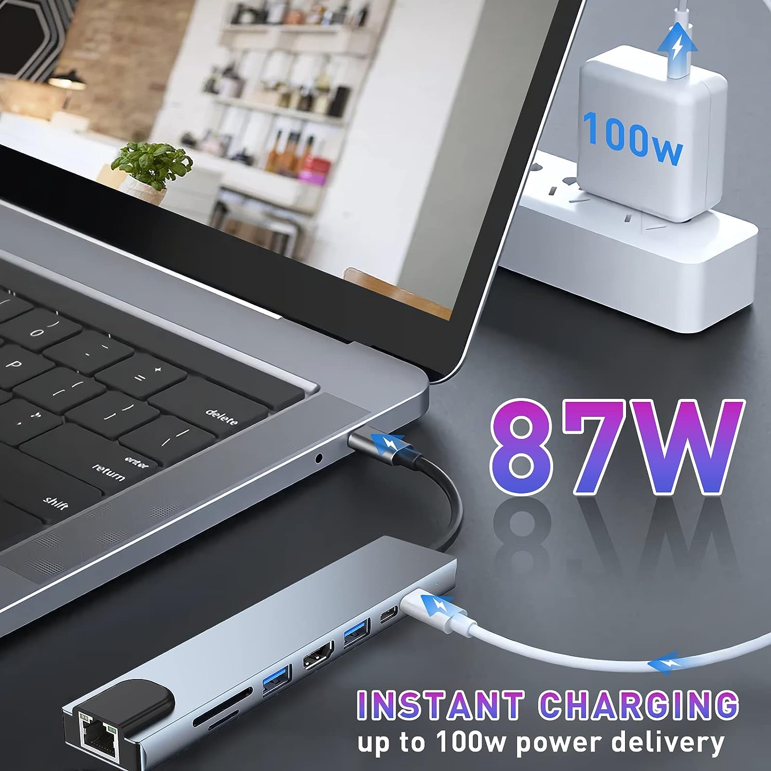 USB Hub Type c Hub Adapter, 8 in 1 with Ethernet, 4K HDMI,USB 3.02, 87W PD, USB-C Data Port and SD/TF Docking Station Compatible with MacBook and Other USB-C Laptops