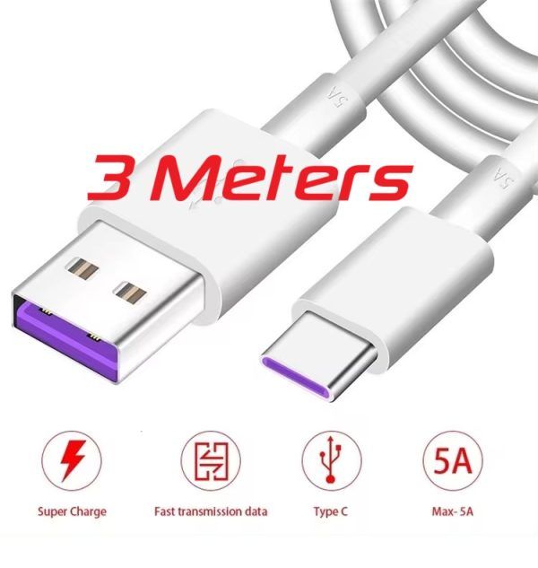 USB Type C Cable 5A Fast Charging 3 Meters , USB C to USB A Charger Cord Support QC 3.0 USB 2.0 480Mbps Data Transfer Compatible Galaxy S10 S9 S21, Note 10 9,Other USB-C