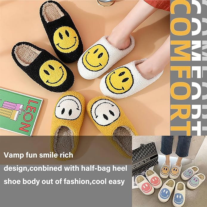 Smile Smiley Face Slippers House Shoe Slip-on Cozy Indoor Anti-Skid - Black White Yellow