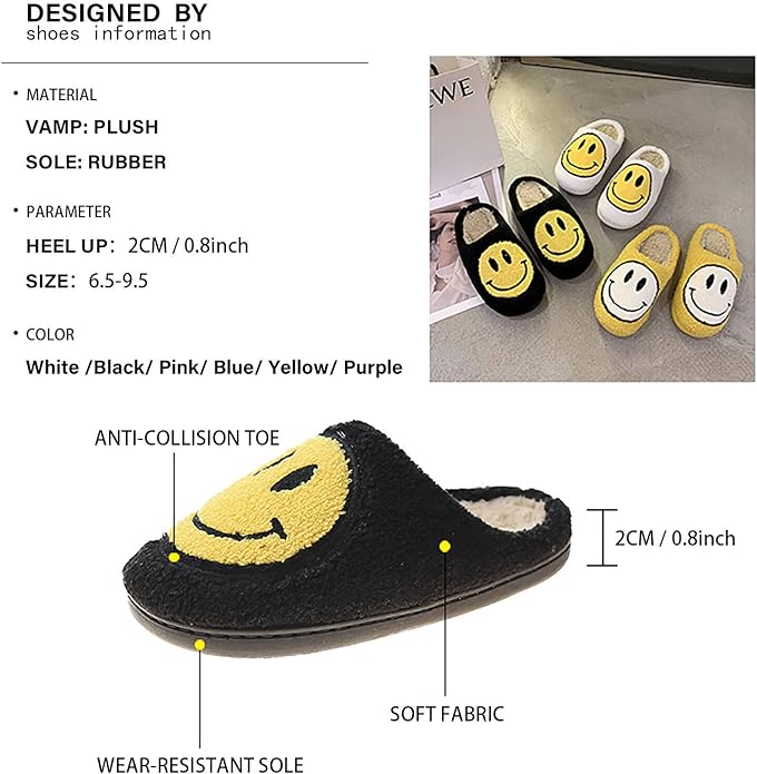 Smile Smiley Face Slippers House Shoe Slip-on Cozy Indoor Anti-Skid - Black White Yellow