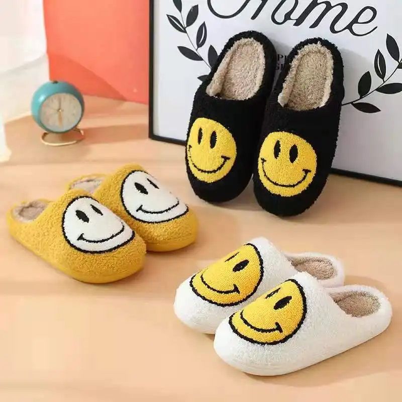 Smile Smiley Face Slippers House Shoe Slip-on Cozy Indoor Anti-Skid - Black White Yellow