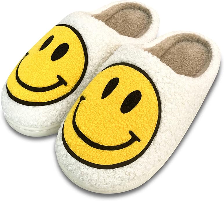 Smile Smiley Face Slippers House Shoe Slip-on Cozy Indoor Anti-Skid - Black White Yellow