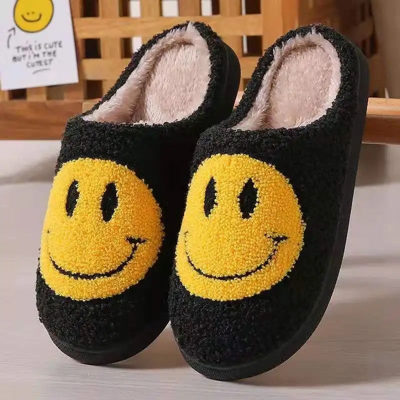 Smile Smiley Face Slippers House Shoe Slip-on Cozy Indoor Anti-Skid - Black White Yellow