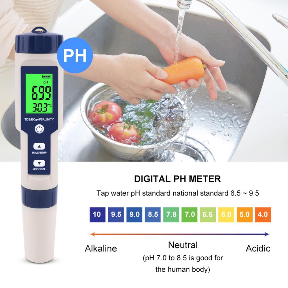 5 In 1 Digital PH Meter With TDS EC Salinity Temperature Measurement Waterproof PH TDS Temp 0.01 Resolution High Accuracy Pen Type Tester, Water Tester For Water, Wine, Spas, Aquariums