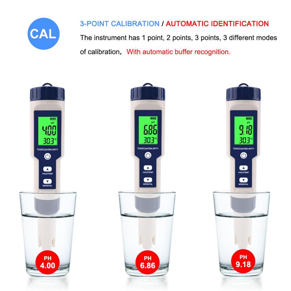 5 In 1 Digital PH Meter With TDS EC Salinity Temperature Measurement Waterproof PH TDS Temp 0.01 Resolution High Accuracy Pen Type Tester, Water Tester For Water, Wine, Spas, Aquariums